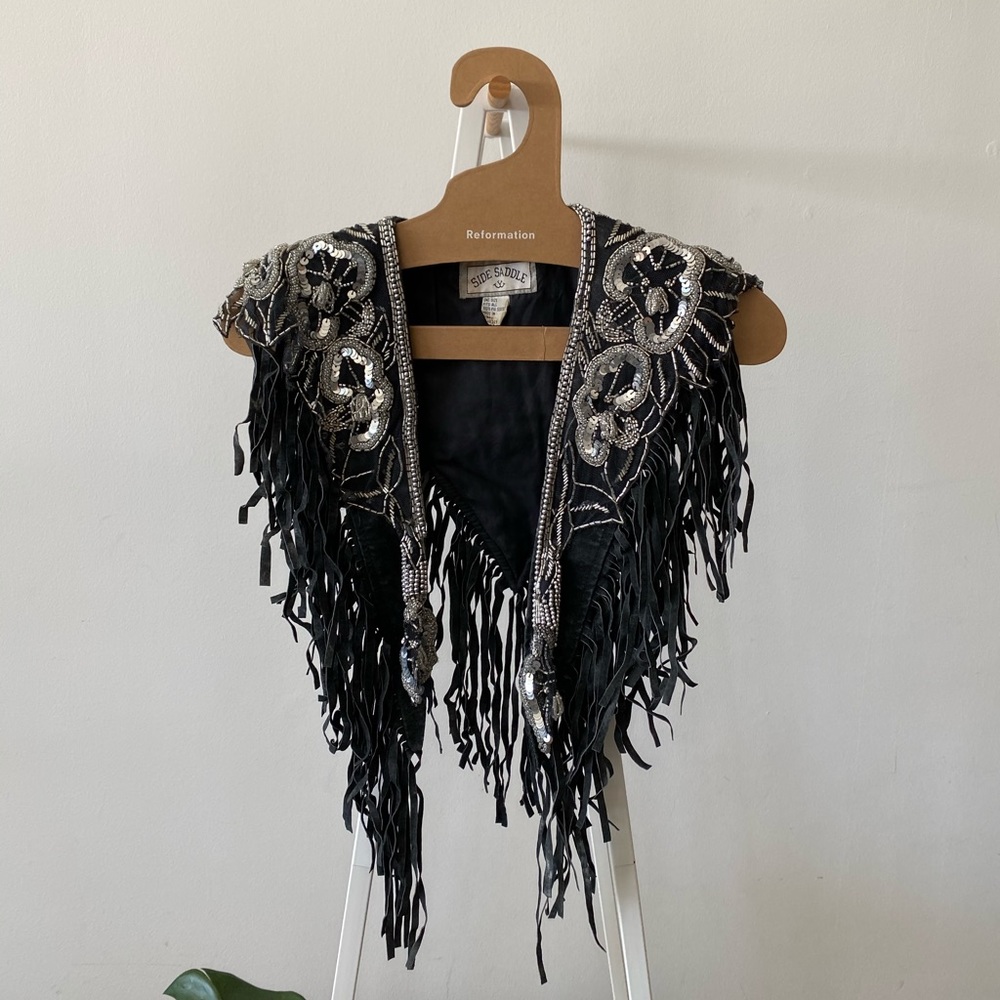 Beaded Festival Fringe Leather Poncho - Picture 3 of 5